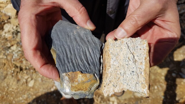 A gauche : microplis dans le schiste noir du Pompidou ; à droite : gneiss leptynitique dans le triple associé de Bassurels (La Loubière - D61) (photo MdG)